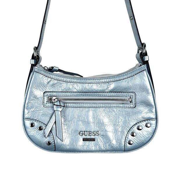 Guess Y2K Chanera Mini Shoulder Bag Blue Metallic Baguette Logo Vegan Studded - Picture 3 of 16